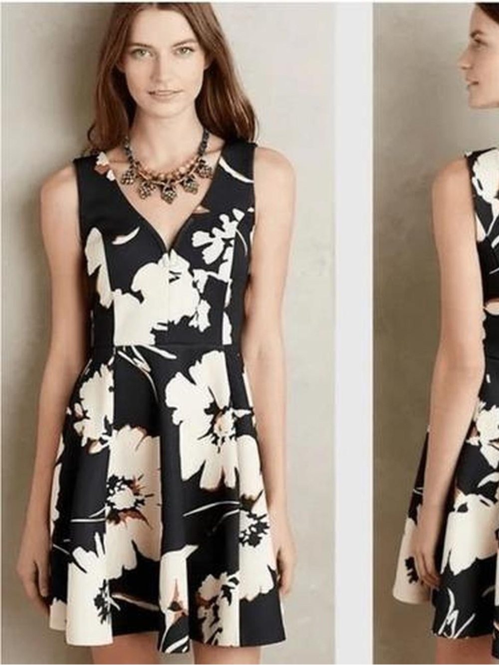 Anthropologie Maeve Amory Scuba Fit & Flare Dress Black Ivory Floral Size 2